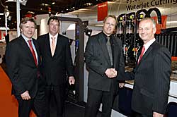 Michael Merkle, head of Bystronic’s waterjet division, Paul Staniforth of Access Engineering, Mark Thornhill of Access Engineering and Dave Larcombe, managing director of Bystronic UK Limited.